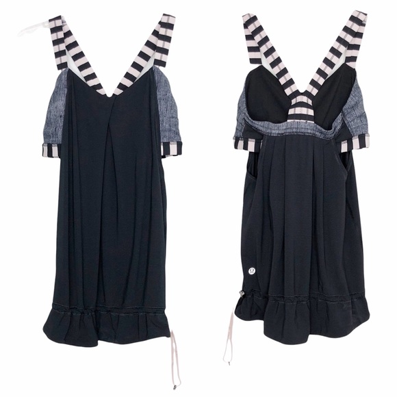 lululemon athletica Tops - Lululemon Run Times Tank Luxtreme 4 Black Cream Stripe Drawstring Cinched Waist